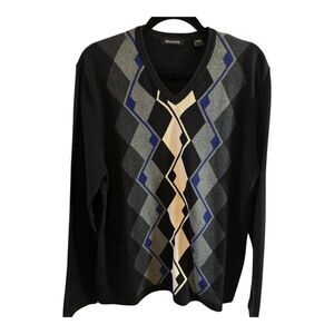 BRANDINI 100% COTTON ARGYLE PULLOVER SWEATER SIZE LARGE BLACK IVORY GREY BLUE